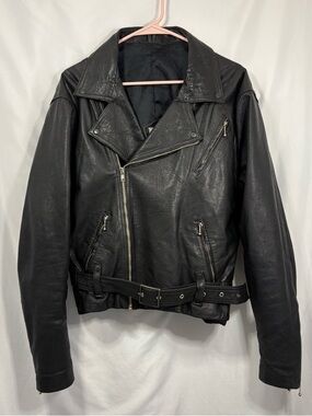Men’s Sylvia Black Leather Moto Jacket with Belt Size Medium Made in Turkey